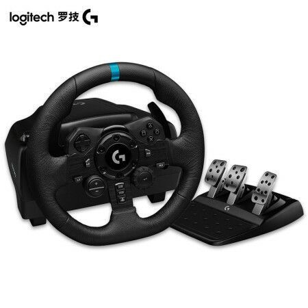 Volant de course et pédalier Logitech G923  Driving Force, accompagné du levier de vitesses Driving Force Shifter.