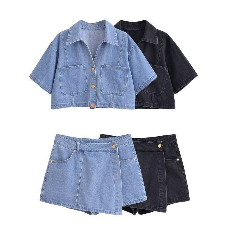 Ensemble ZA vêtements pour femmes transfrontaliers de style européen et américain.  Nouveau style simple costume en denim multicolore présente une chemise courte à manches courtes et une jupe-short po